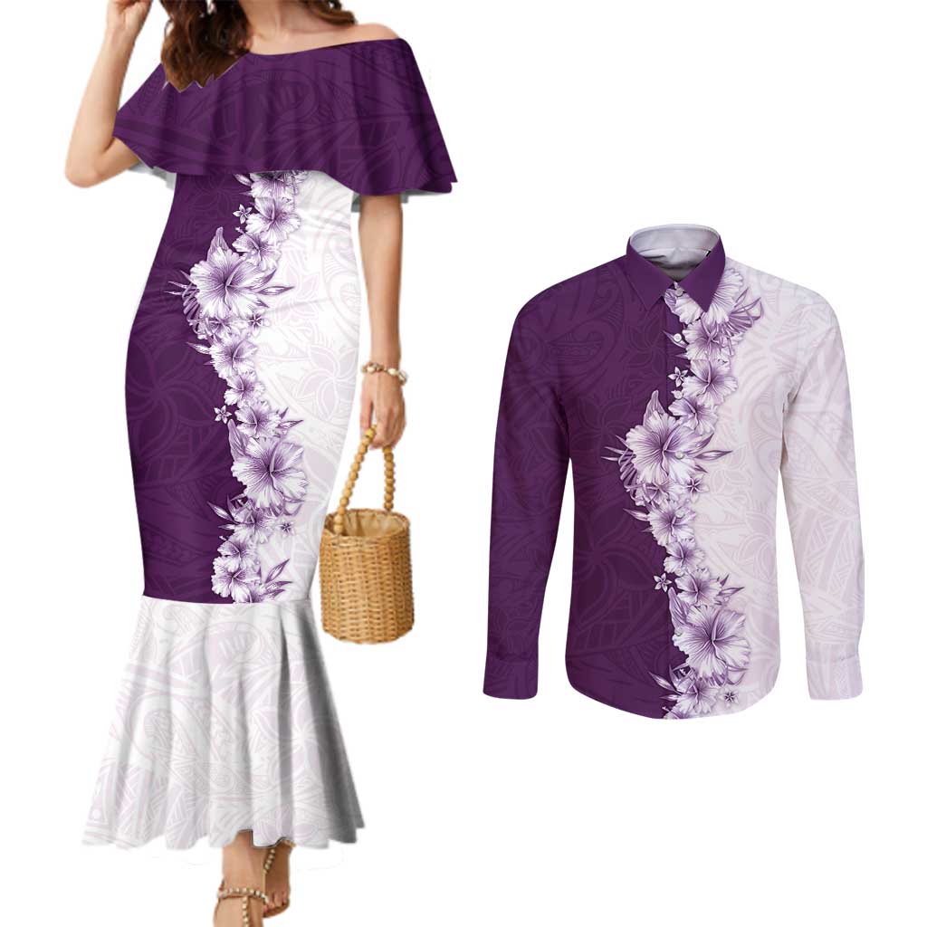 Hawaii Hibiscus Flowers Couples Matching Mermaid Dress and Long Sleeve Button Shirt Purple Polynesian Pattern LT05 Purple - Polynesian Pride