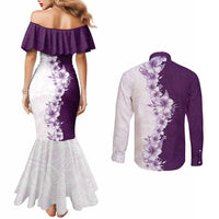 Hawaii Hibiscus Flowers Couples Matching Mermaid Dress and Long Sleeve Button Shirt Purple Polynesian Pattern LT05 - Polynesian Pride