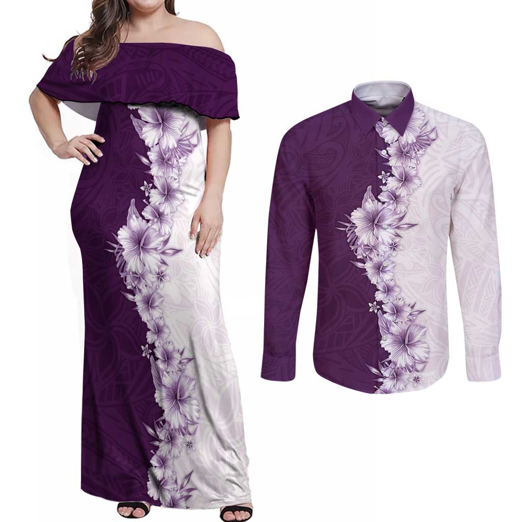 Hawaii Hibiscus Flowers Couples Matching Off Shoulder Maxi Dress and Long Sleeve Button Shirt Purple Polynesian Pattern LT05 Purple - Polynesian Pride
