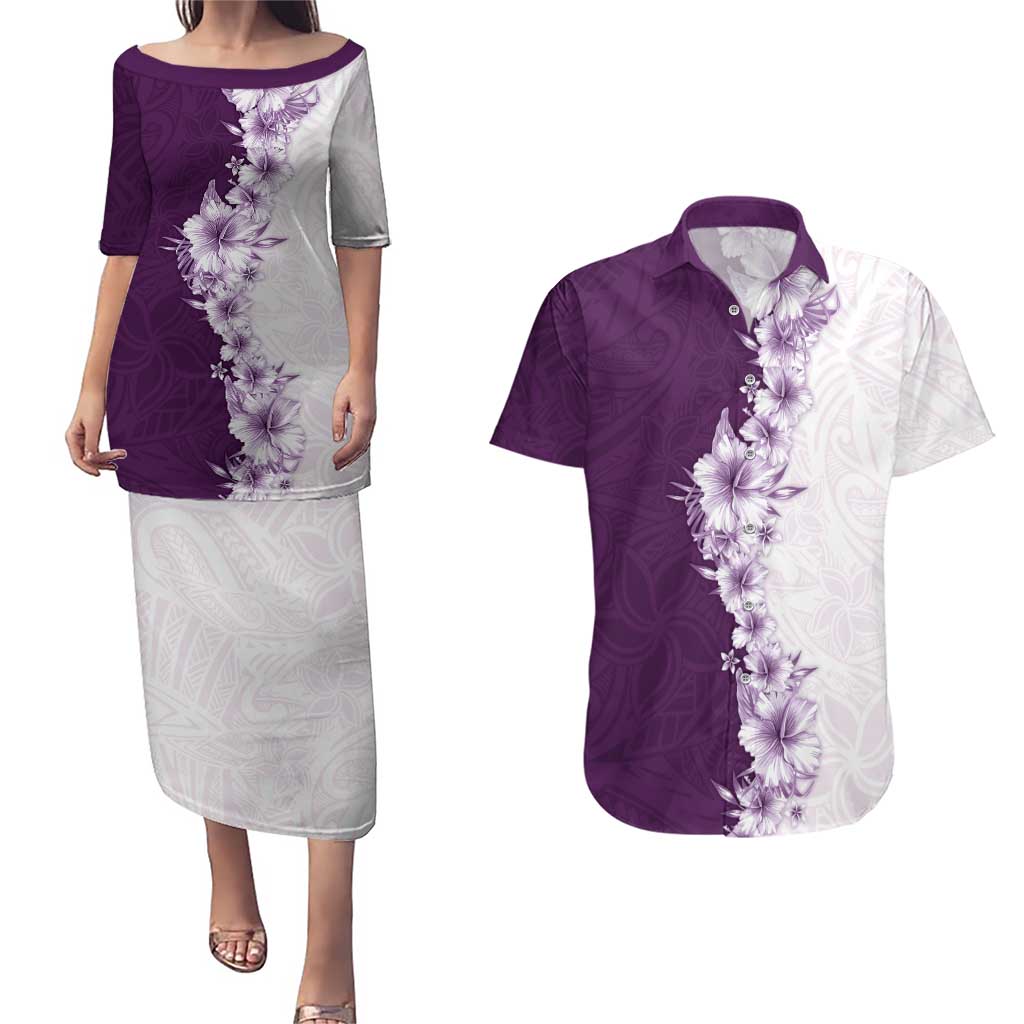 Hawaii Hibiscus Flowers Couples Matching Puletasi and Hawaiian Shirt Purple Polynesian Pattern