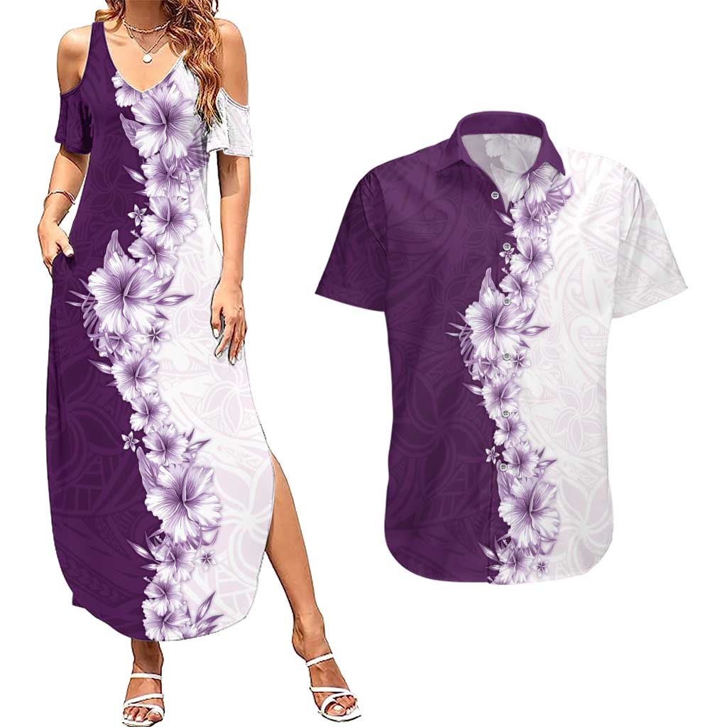 Hawaii Hibiscus Flowers Couples Matching Summer Maxi Dress and Hawaiian Shirt Purple Polynesian Pattern