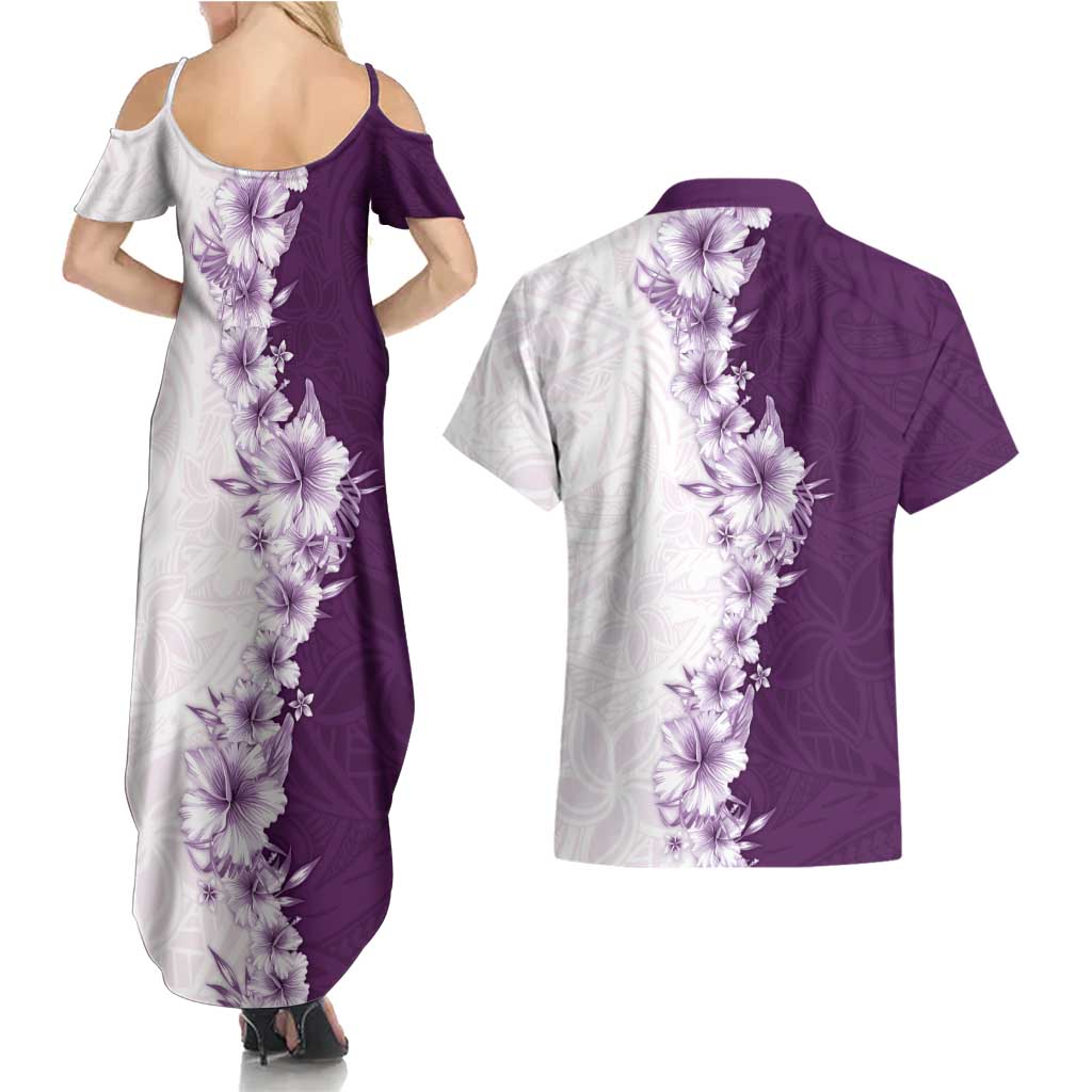 Hawaii Hibiscus Flowers Couples Matching Summer Maxi Dress and Hawaiian Shirt Purple Polynesian Pattern