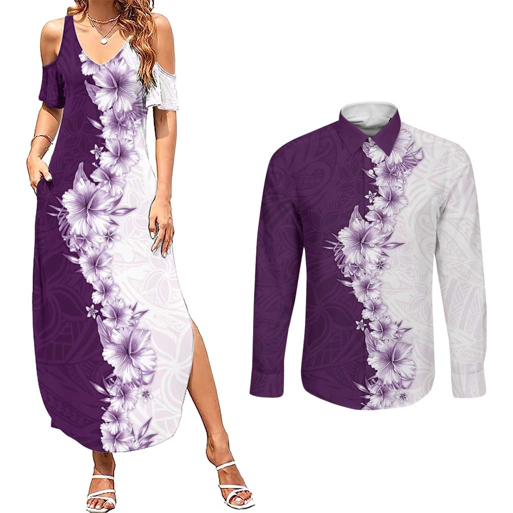 Hawaii Hibiscus Flowers Couples Matching Summer Maxi Dress and Long Sleeve Button Shirt Purple Polynesian Pattern LT05 Purple - Polynesian Pride