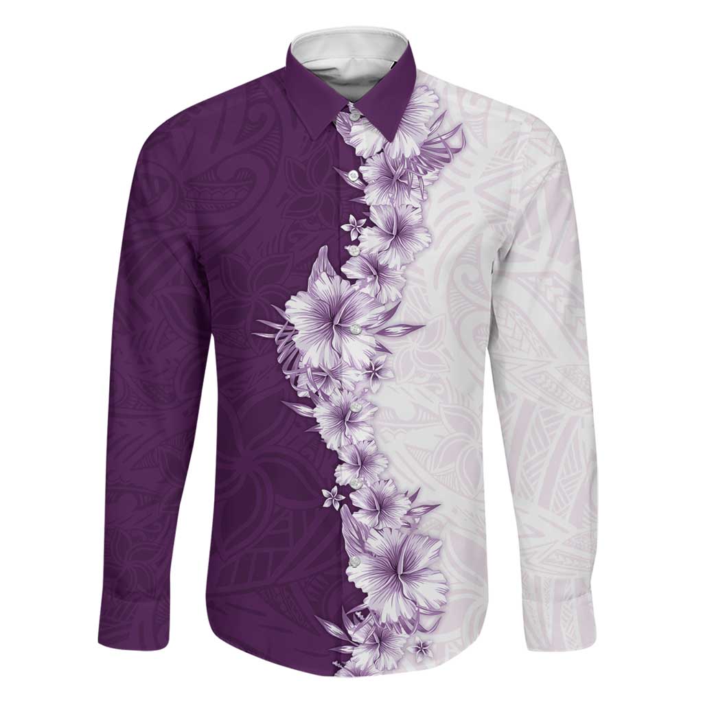 Hawaii Hibiscus Flowers Family Matching Short Sleeve Bodycon Dress and Hawaiian Shirt Purple Polynesian Pattern LT05 Dad's Shirt - Long Sleeve Purple - Polynesian Pride