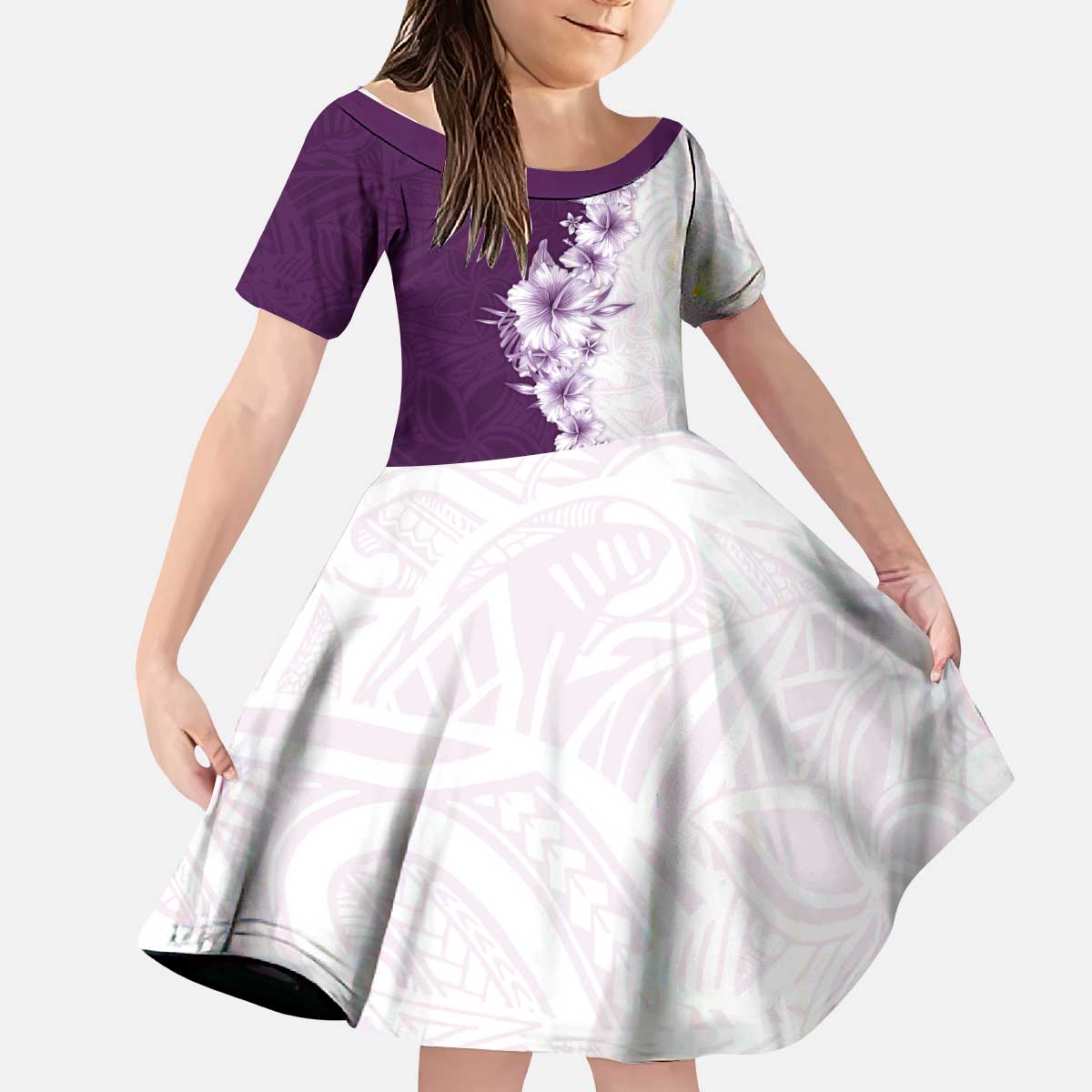 Hawaii Hibiscus Flowers Kid Short Sleeve Dress Purple Polynesian Pattern LT05 KID Purple - Polynesian Pride