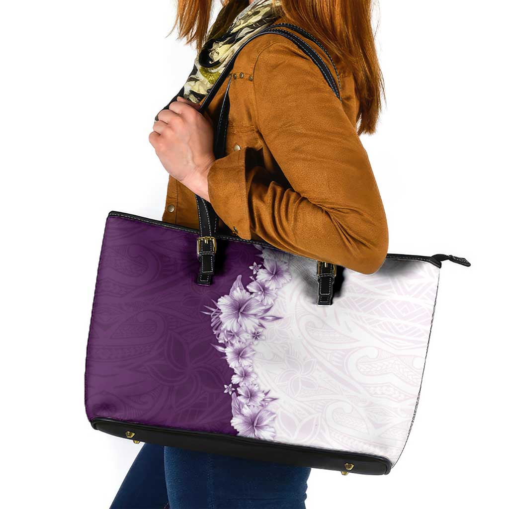 Hawaii Hibiscus Flowers Leather Tote Bag Purple Polynesian Pattern