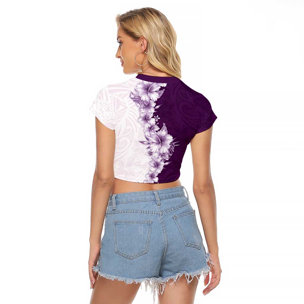 Hawaii Hibiscus Flowers Raglan Cropped T Shirt Purple Polynesian Pattern