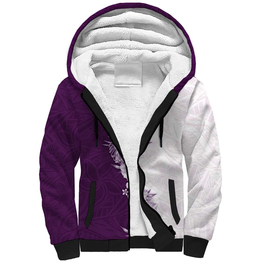 Hawaii Hibiscus Flowers Sherpa Hoodie Purple Polynesian Pattern