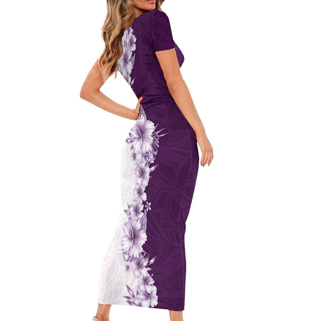Hawaii Hibiscus Flowers Short Sleeve Bodycon Dress Purple Polynesian Pattern LT05 - Polynesian Pride