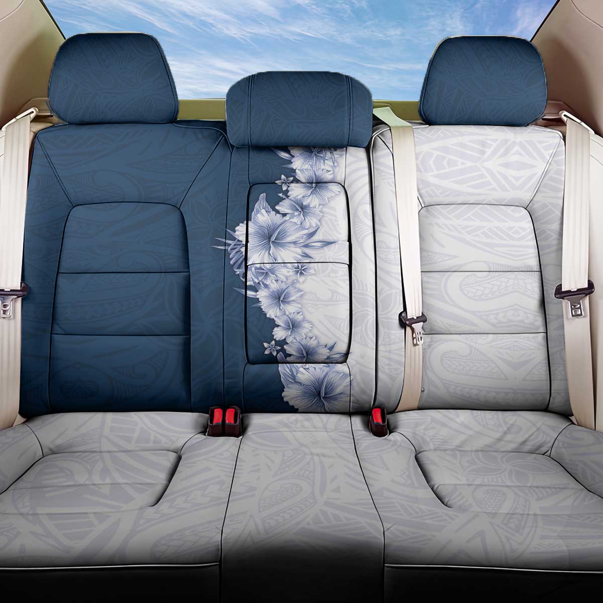 Hawaii Hibiscus Flowers Back Car Seat Cover Blue Polynesian Pattern