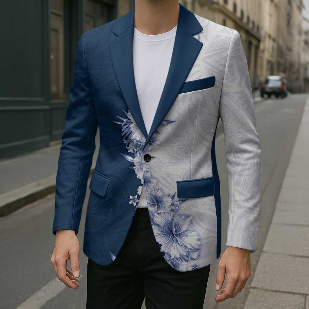 Hawaii Hibiscus Flowers Blazer Blue Polynesian Pattern