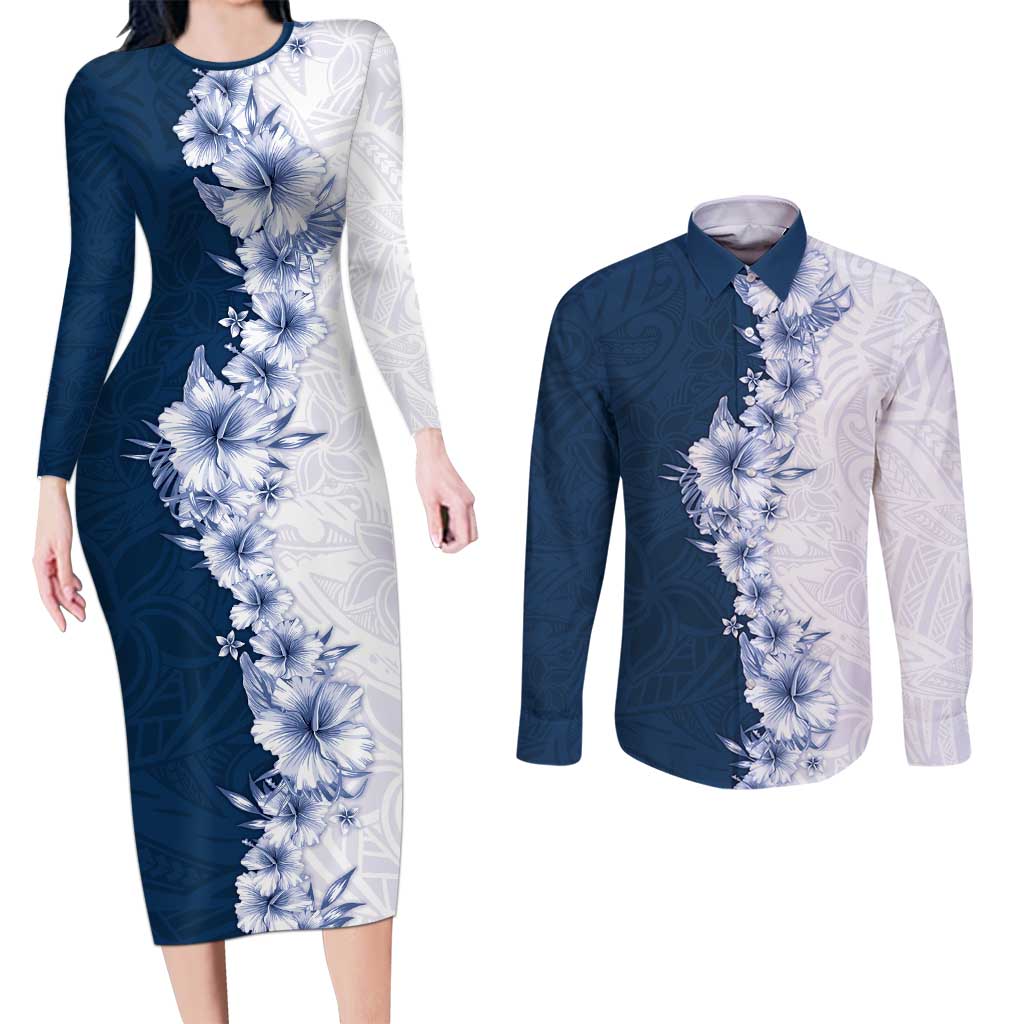 Hawaii Hibiscus Flowers Couples Matching Long Sleeve Bodycon Dress and Long Sleeve Button Shirt Blue Polynesian Pattern LT05 Blue - Polynesian Pride