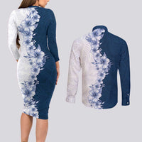 Hawaii Hibiscus Flowers Couples Matching Long Sleeve Bodycon Dress and Long Sleeve Button Shirt Blue Polynesian Pattern LT05 - Polynesian Pride