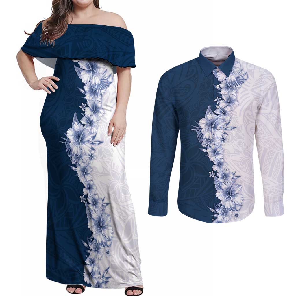 Hawaii Hibiscus Flowers Couples Matching Off Shoulder Maxi Dress and Long Sleeve Button Shirt Blue Polynesian Pattern LT05 Blue - Polynesian Pride