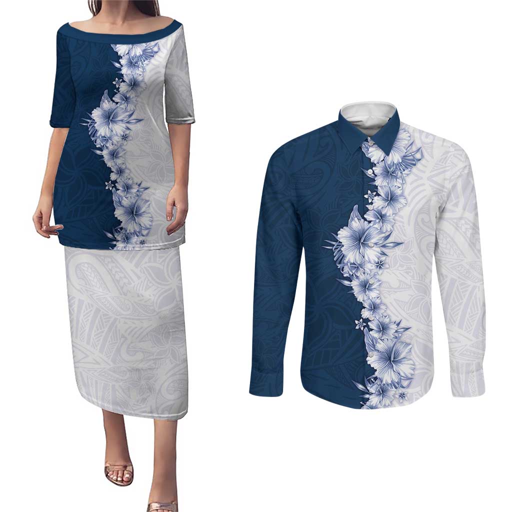 Hawaii Hibiscus Flowers Couples Matching Puletasi and Long Sleeve Button Shirt Blue Polynesian Pattern LT05 Blue - Polynesian Pride