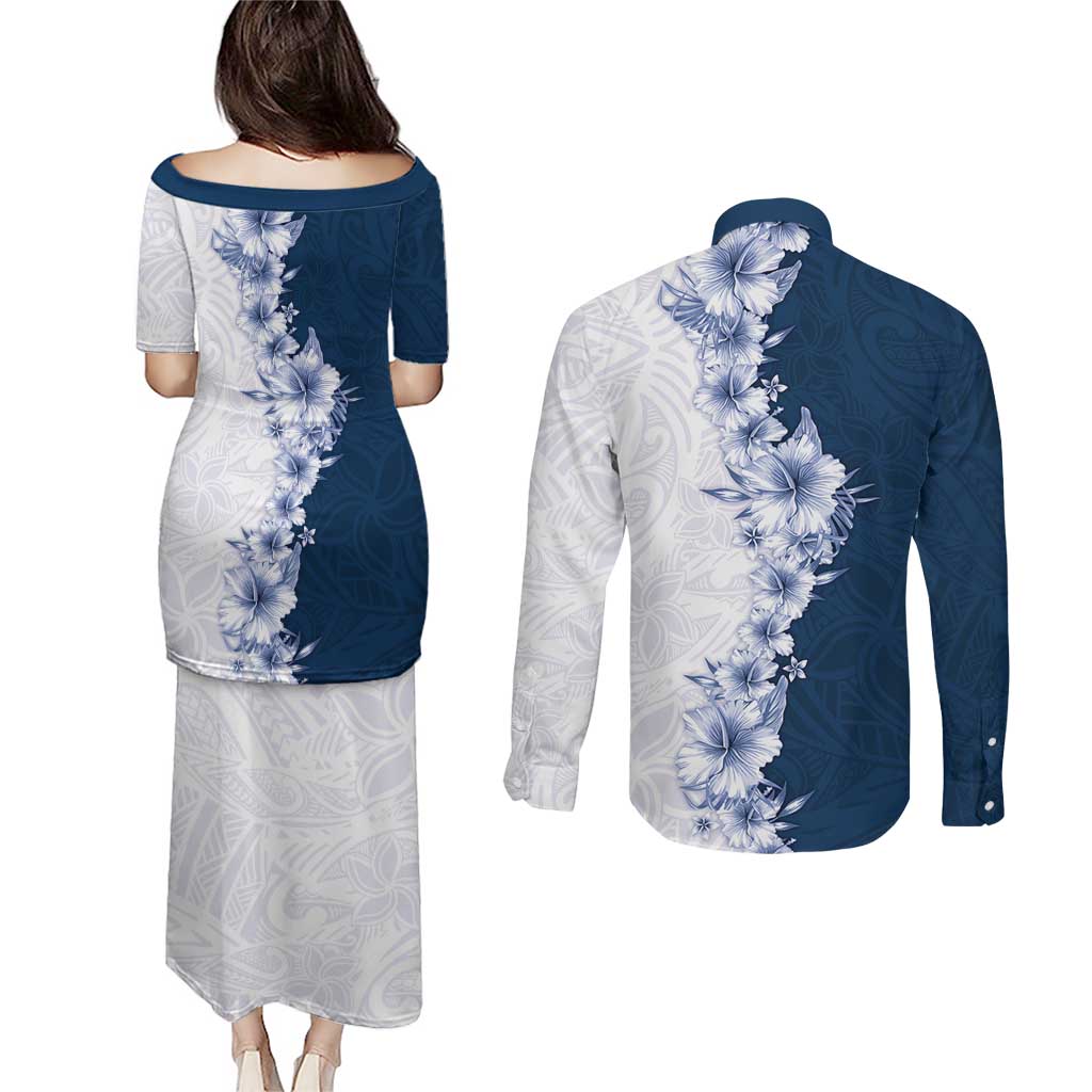 Hawaii Hibiscus Flowers Couples Matching Puletasi and Long Sleeve Button Shirt Blue Polynesian Pattern LT05 - Polynesian Pride