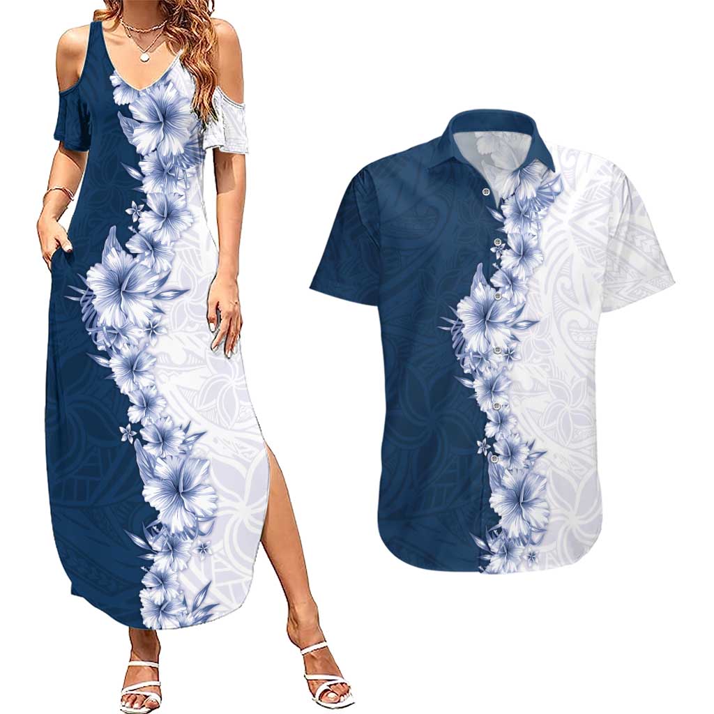 Hawaii Hibiscus Flowers Couples Matching Summer Maxi Dress and Hawaiian Shirt Blue Polynesian Pattern LT05 Blue - Polynesian Pride