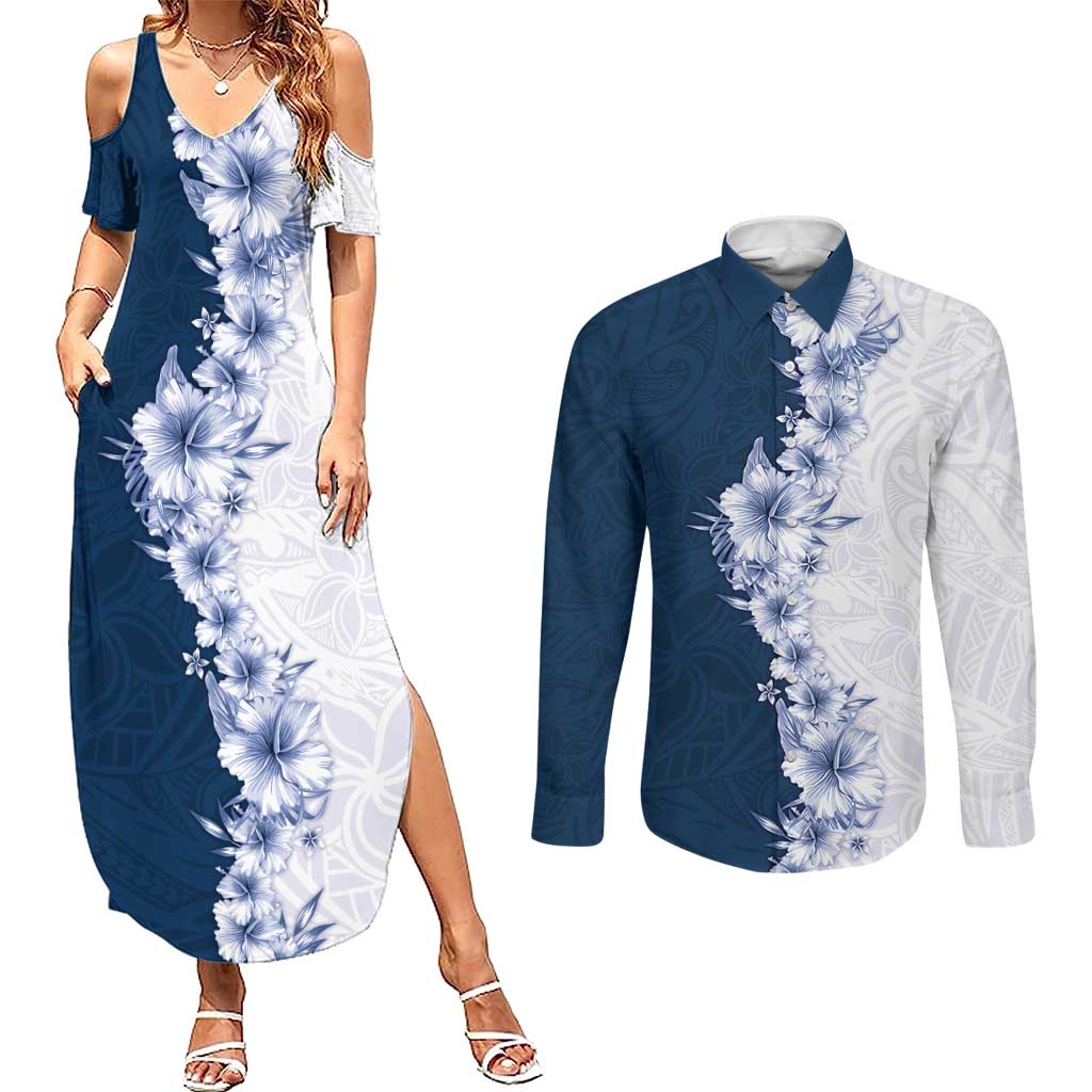 Hawaii Hibiscus Flowers Couples Matching Summer Maxi Dress and Long Sleeve Button Shirt Blue Polynesian Pattern LT05 Blue - Polynesian Pride