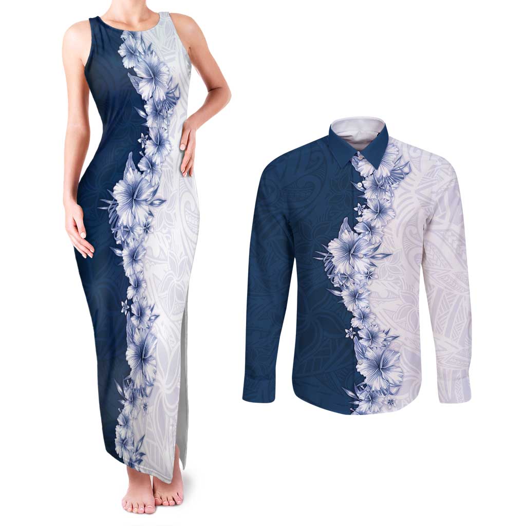 Hawaii Hibiscus Flowers Couples Matching Tank Maxi Dress and Long Sleeve Button Shirt Blue Polynesian Pattern LT05 Blue - Polynesian Pride