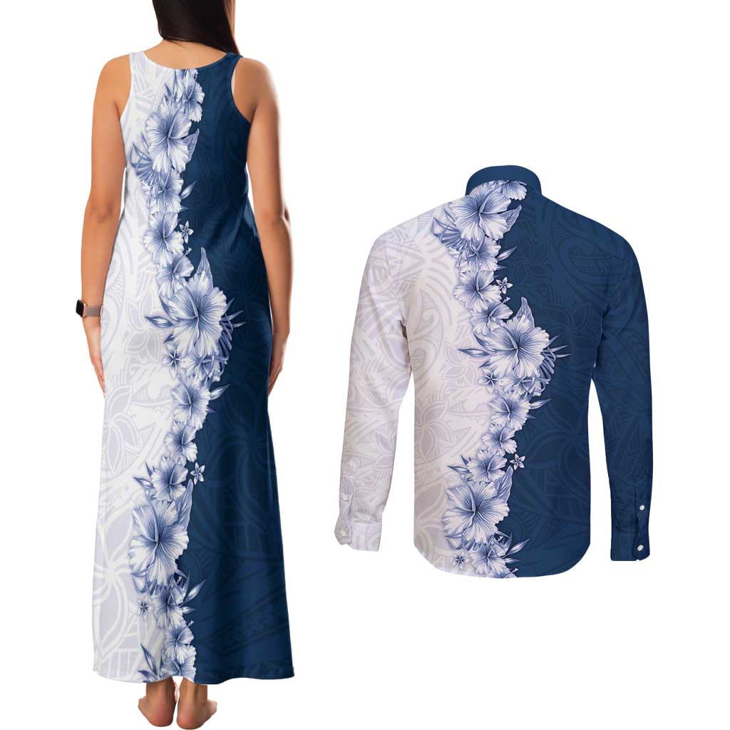 Hawaii Hibiscus Flowers Couples Matching Tank Maxi Dress and Long Sleeve Button Shirt Blue Polynesian Pattern LT05 - Polynesian Pride
