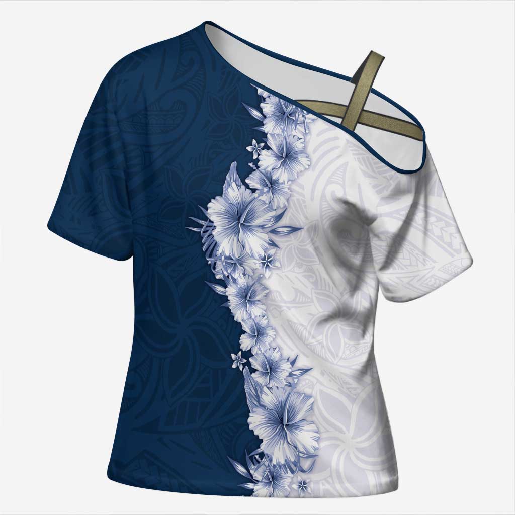 Hawaii Hibiscus Flowers Cross Shoulder Shirt Blue Polynesian Pattern