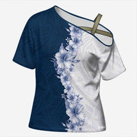Hawaii Hibiscus Flowers Cross Shoulder Shirt Blue Polynesian Pattern