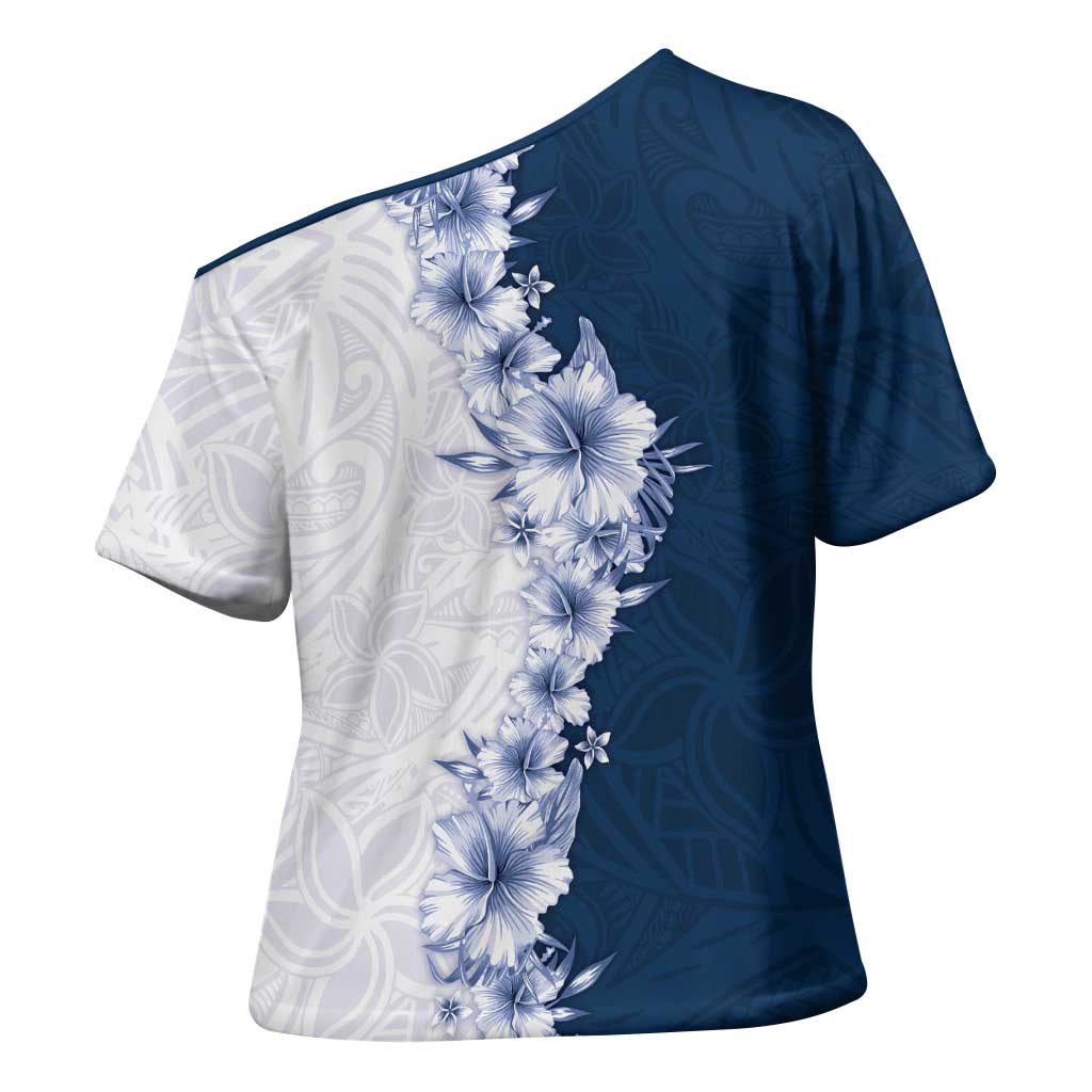 Hawaii Hibiscus Flowers Cross Shoulder Shirt Blue Polynesian Pattern