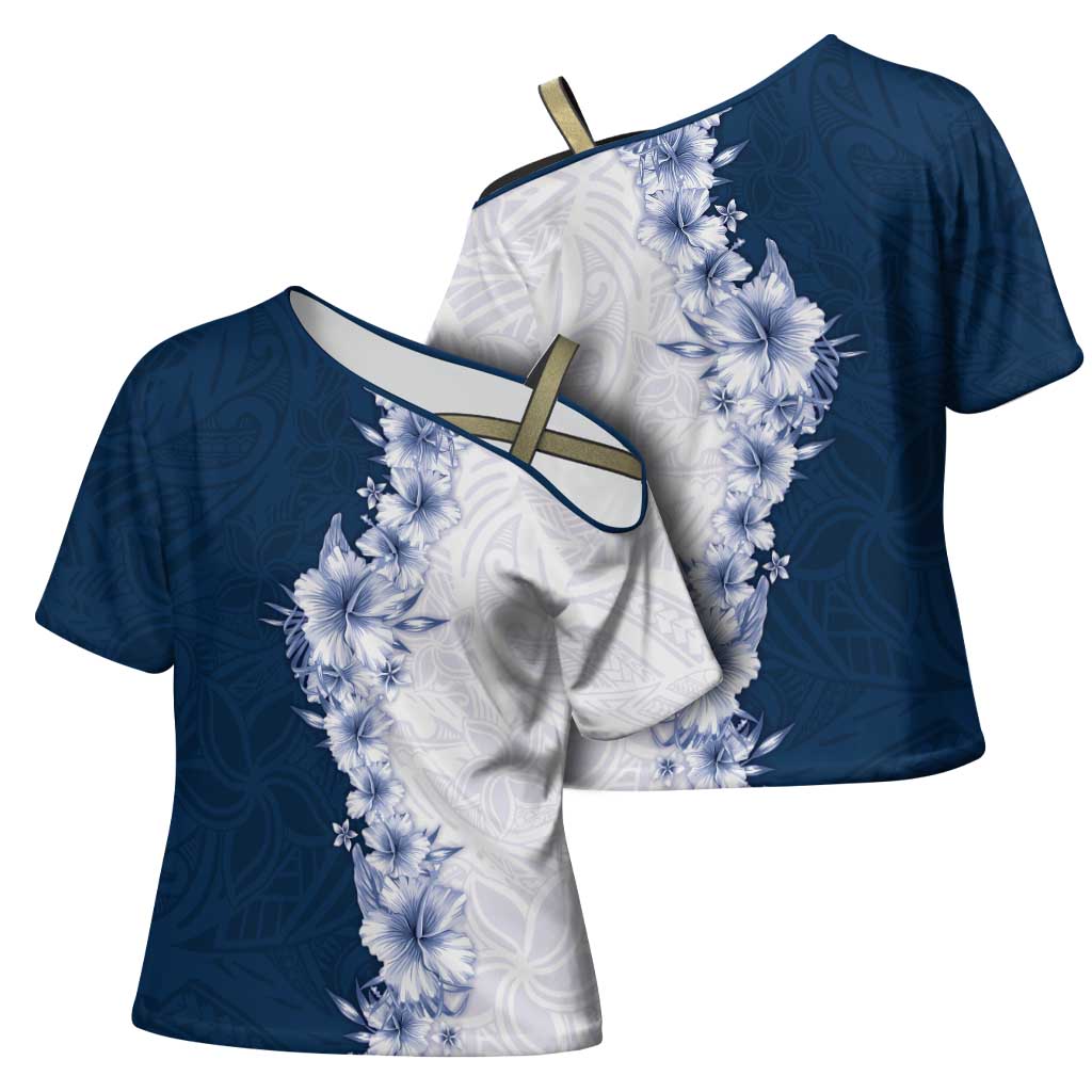 Hawaii Hibiscus Flowers Cross Shoulder Shirt Blue Polynesian Pattern