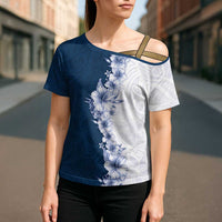 Hawaii Hibiscus Flowers Cross Shoulder Shirt Blue Polynesian Pattern