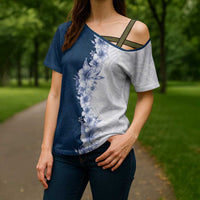 Hawaii Hibiscus Flowers Cross Shoulder Shirt Blue Polynesian Pattern
