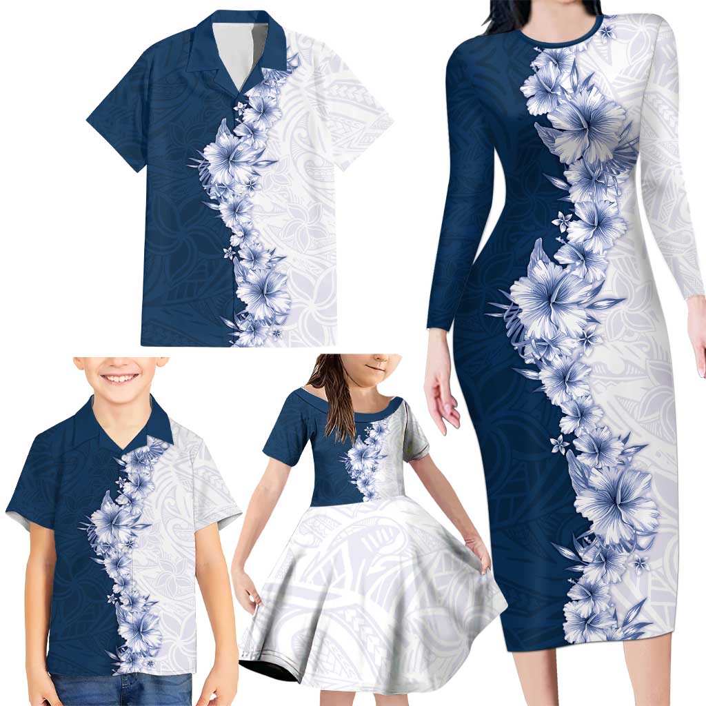 Hawaii Hibiscus Flowers Family Matching Long Sleeve Bodycon Dress and Hawaiian Shirt Blue Polynesian Pattern LT05 - Polynesian Pride