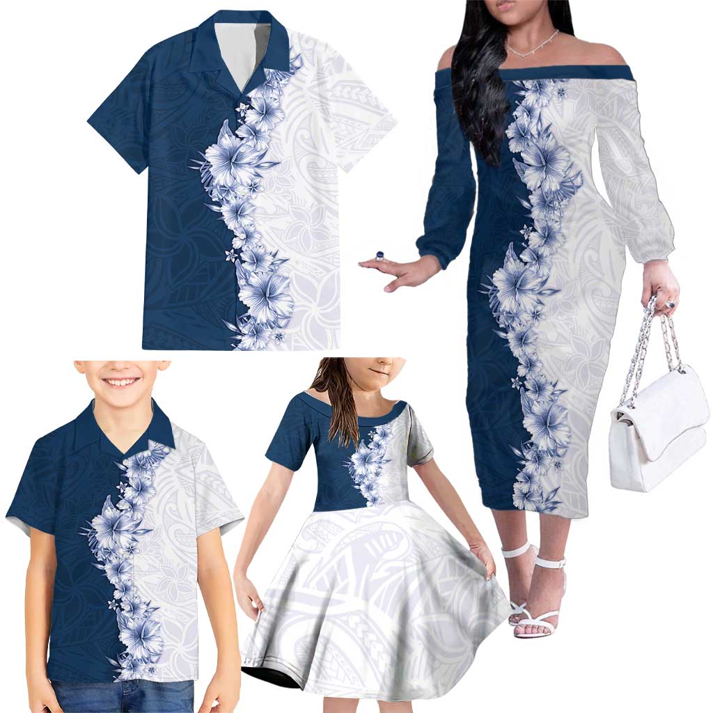 Hawaii Hibiscus Flowers Family Matching Off The Shoulder Long Sleeve Dress and Hawaiian Shirt Blue Polynesian Pattern