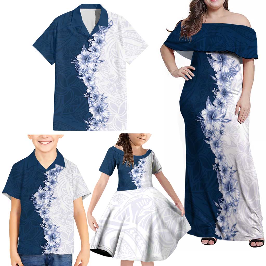 Hawaii Hibiscus Flowers Family Matching Off Shoulder Maxi Dress and Hawaiian Shirt Blue Polynesian Pattern