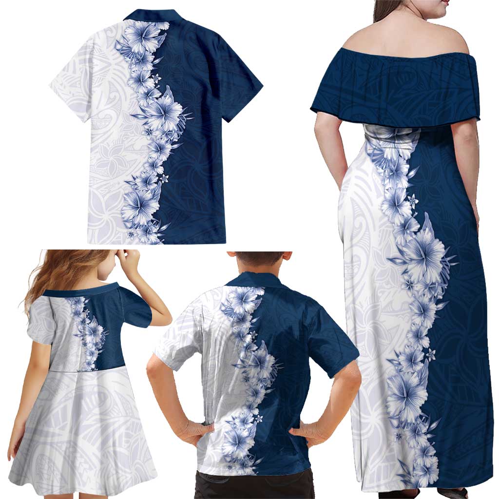 Hawaii Hibiscus Flowers Family Matching Off Shoulder Maxi Dress and Hawaiian Shirt Blue Polynesian Pattern