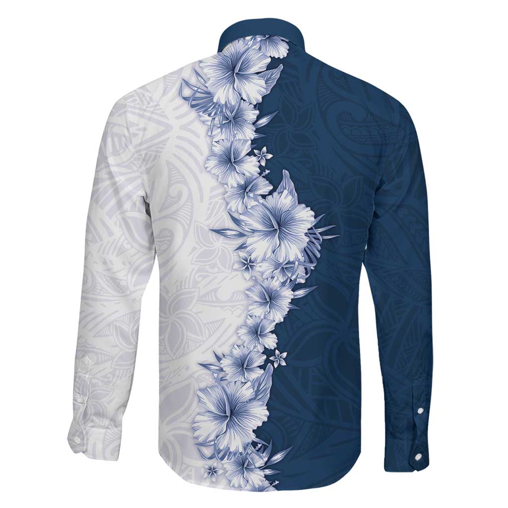 Hawaii Hibiscus Flowers Family Matching Off Shoulder Maxi Dress and Hawaiian Shirt Blue Polynesian Pattern