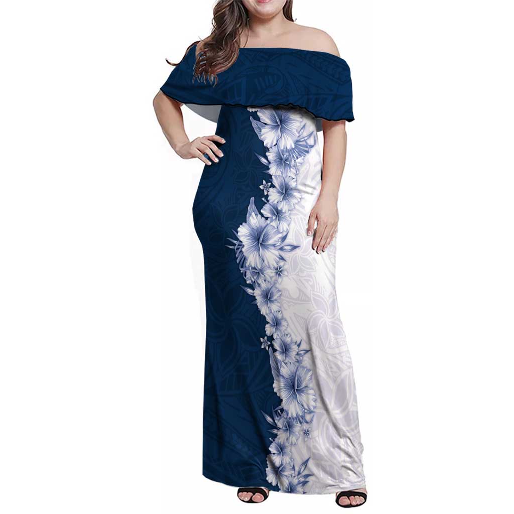 Hawaii Hibiscus Flowers Family Matching Off Shoulder Maxi Dress and Hawaiian Shirt Blue Polynesian Pattern