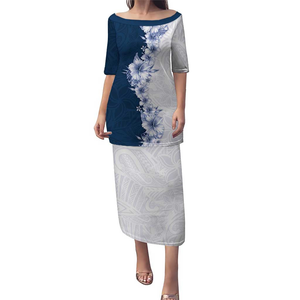 Hawaii Hibiscus Flowers Family Matching Puletasi and Hawaiian Shirt Blue Polynesian Pattern LT05 Mom's Dress Blue - Polynesian Pride