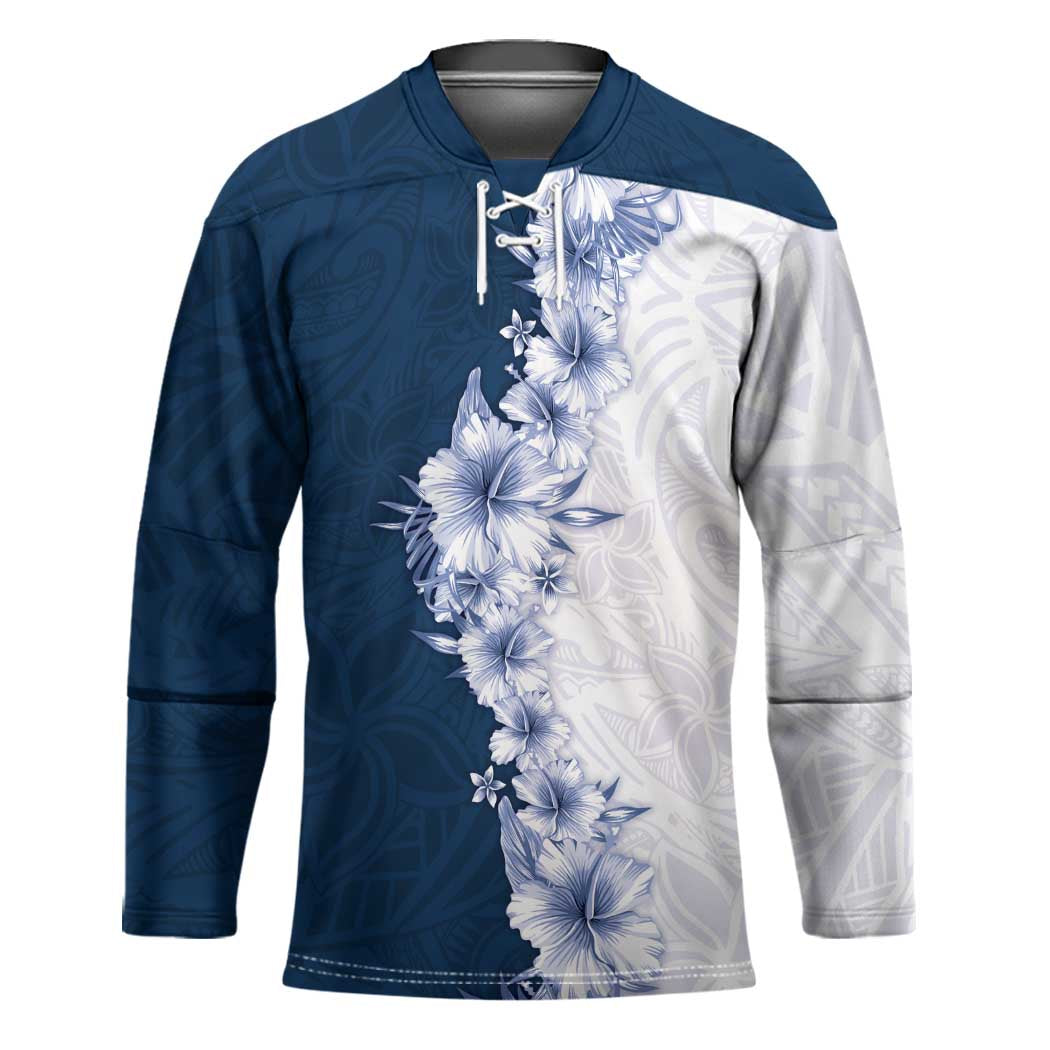 Hawaii Hibiscus Flowers Hockey Jersey Blue Polynesian Pattern