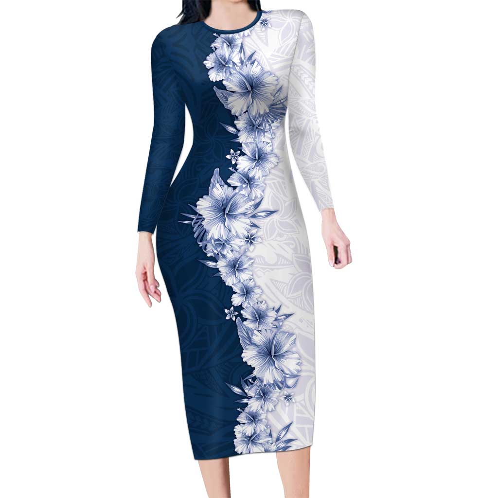 Hawaii Hibiscus Flowers Long Sleeve Bodycon Dress Blue Polynesian Pattern LT05 Long Dress Blue - Polynesian Pride