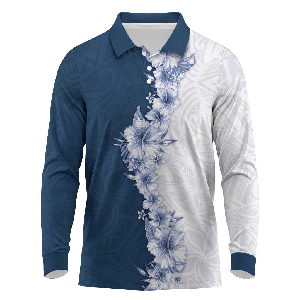 Hawaii Hibiscus Flowers Long Sleeve Polo Shirt Blue Polynesian Pattern LT05 Blue - Polynesian Pride