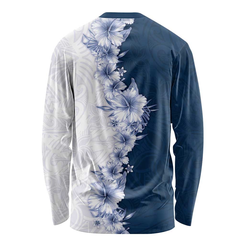 Hawaii Hibiscus Flowers Long Sleeve Shirt Blue Polynesian Pattern
