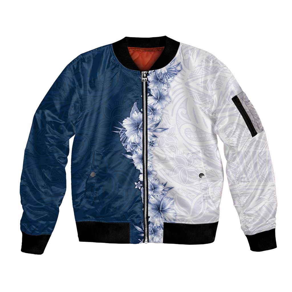 Hawaii Hibiscus Flowers Sleeve Zip Bomber Jacket Blue Polynesian Pattern LT05 Unisex Blue - Polynesian Pride