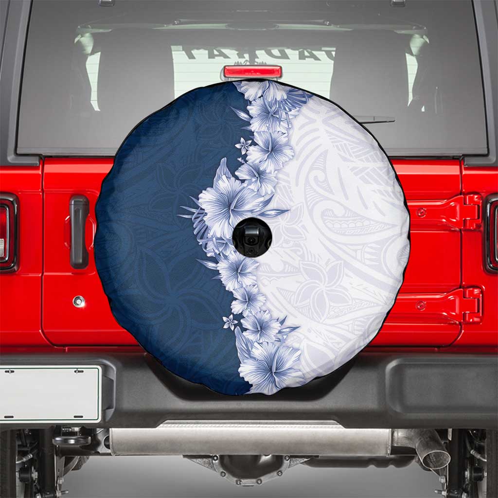 Hawaii Hibiscus Flowers Spare Tire Cover Blue Polynesian Pattern
