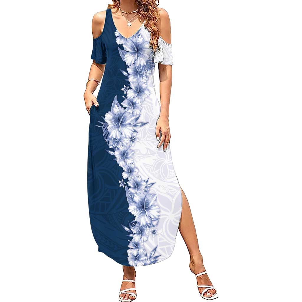 Hawaii Hibiscus Flowers Summer Maxi Dress Blue Polynesian Pattern