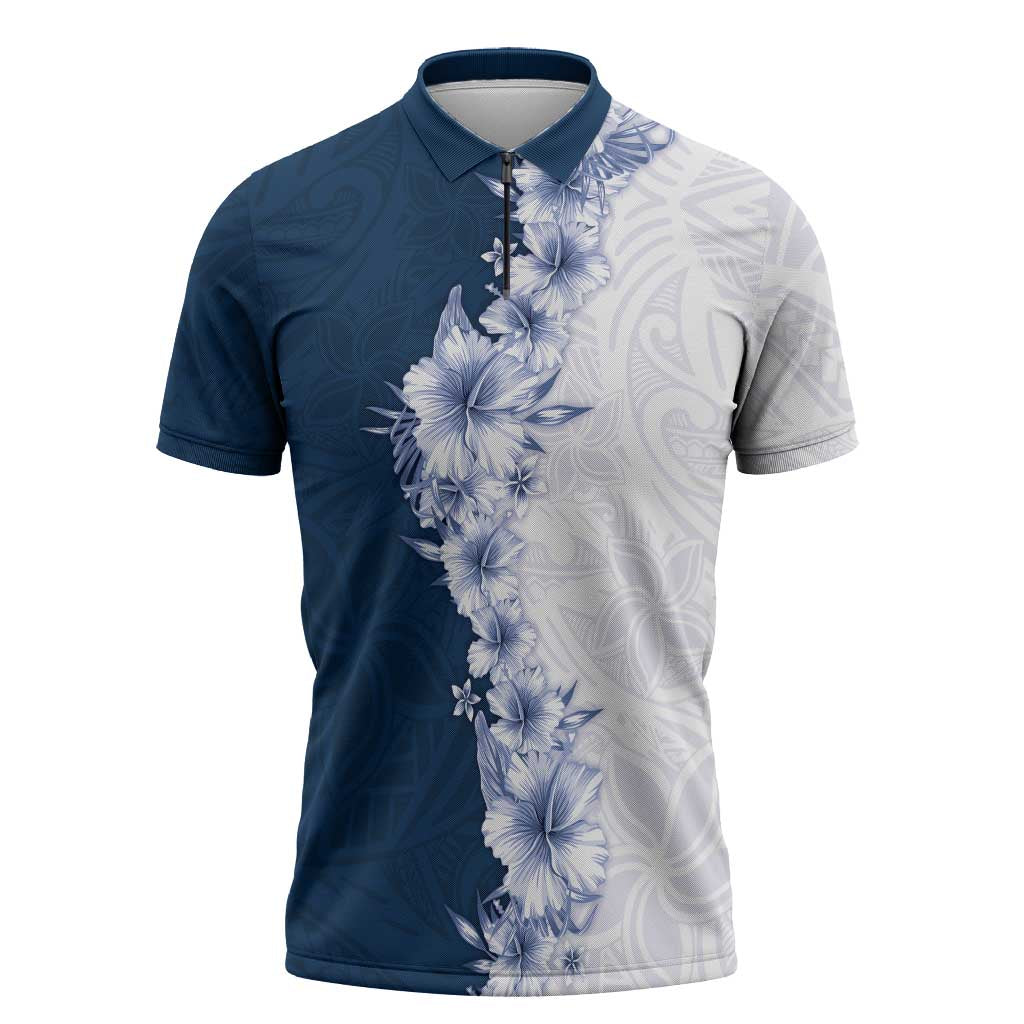 Hawaii Hibiscus Flowers Zipper Polo Shirt Blue Polynesian Pattern LT05 Blue - Polynesian Pride