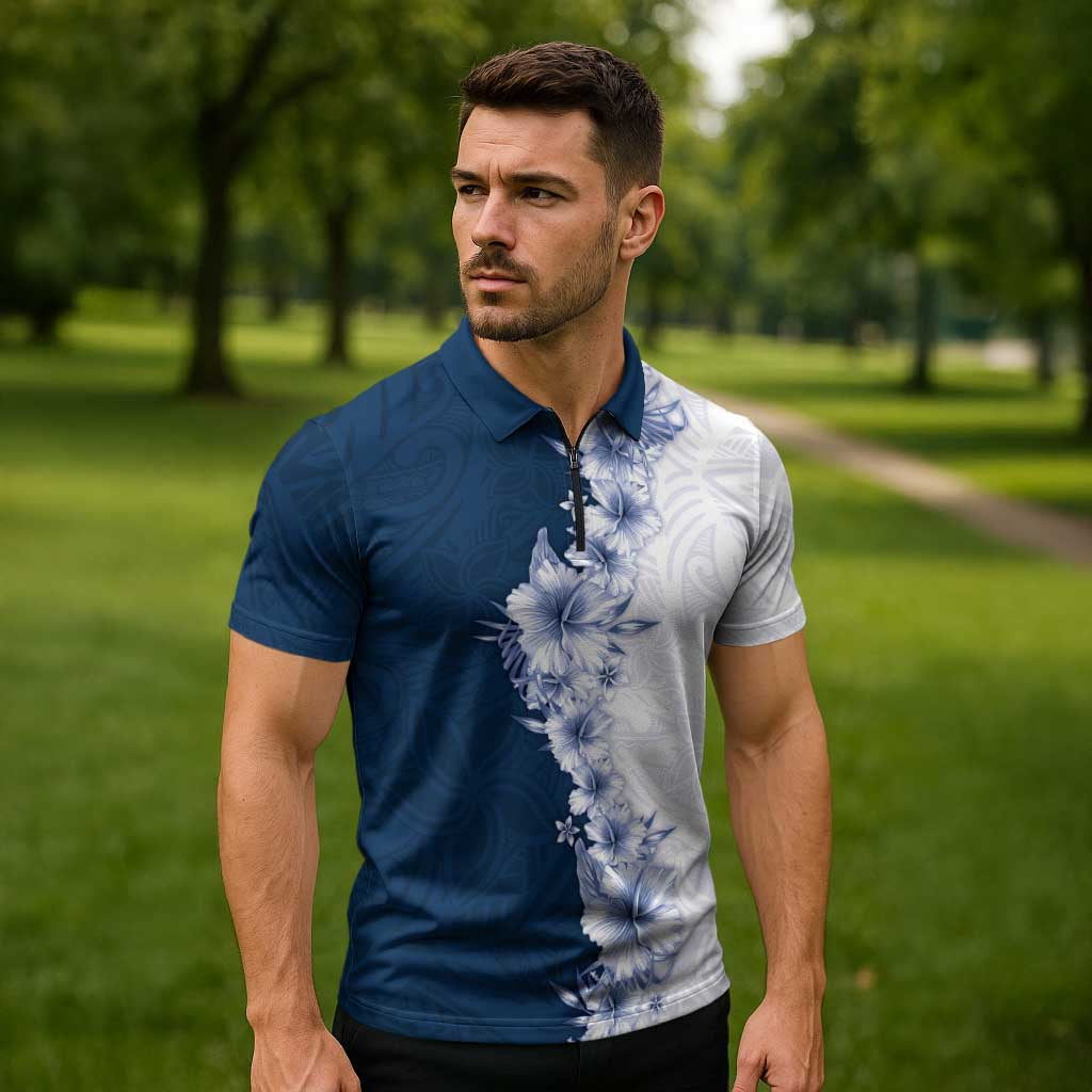 Hawaii Hibiscus Flowers Zipper Polo Shirt Blue Polynesian Pattern LT05 - Polynesian Pride