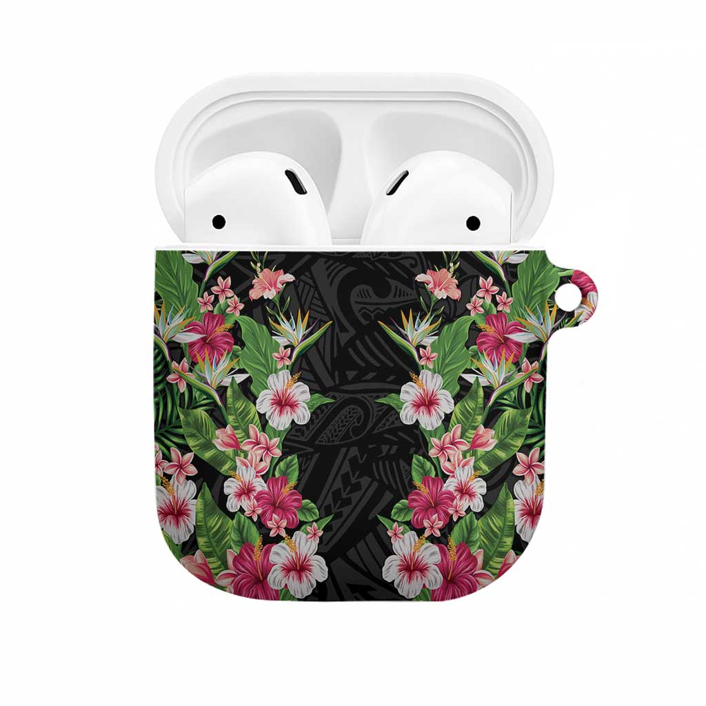 Hawaii Tropical Flowers AirPods Case Black Polynesian Tattoo Art