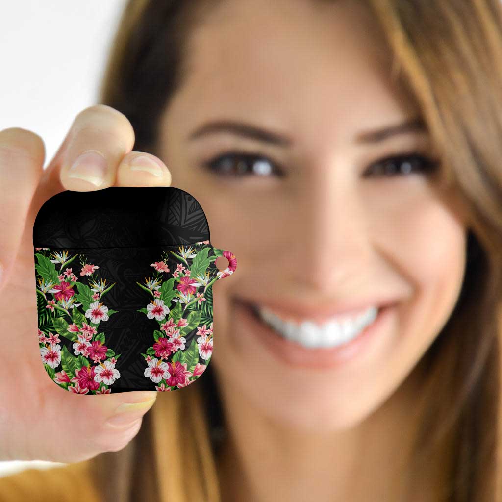 Hawaii Tropical Flowers AirPods Case Black Polynesian Tattoo Art