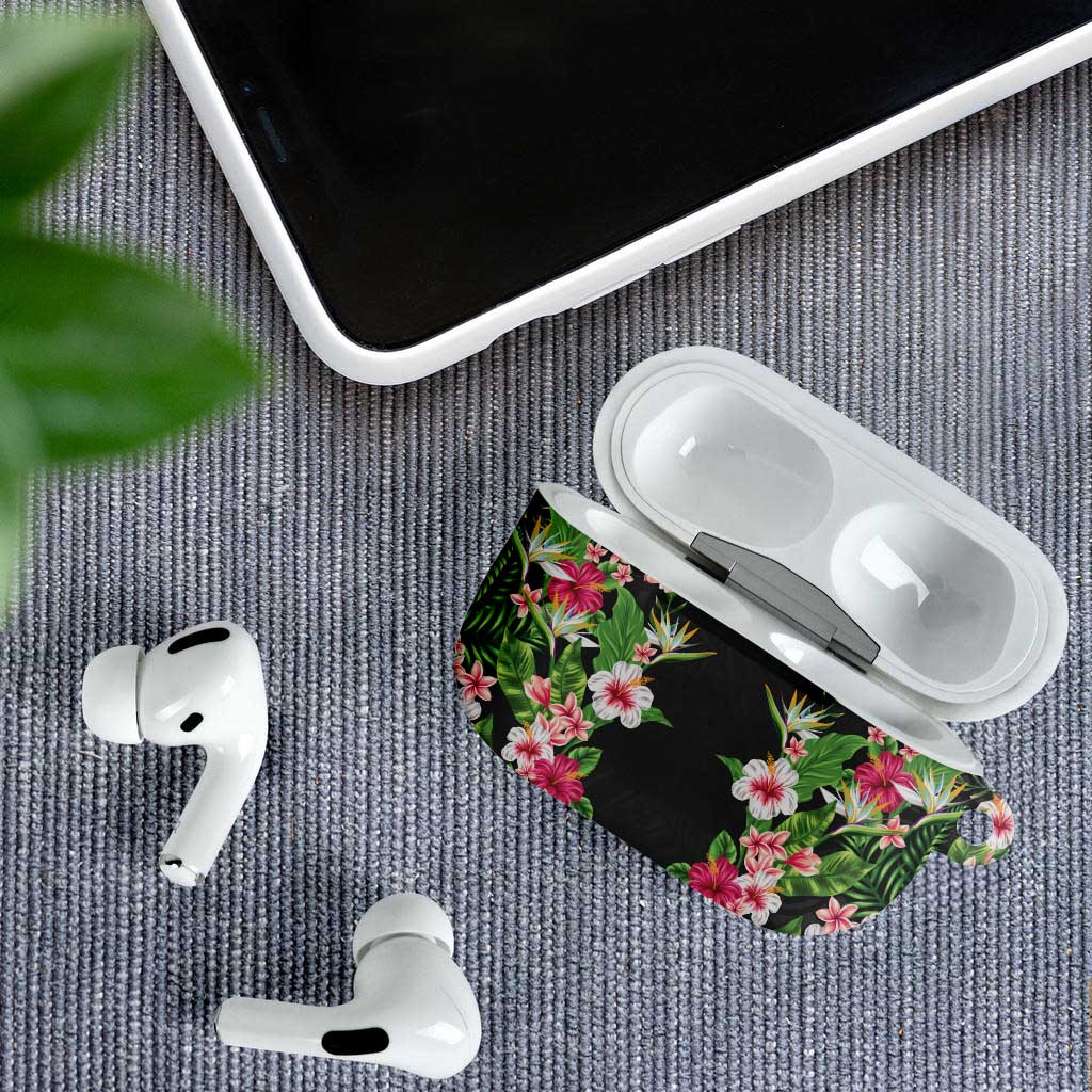 Hawaii Tropical Flowers AirPods Case Black Polynesian Tattoo Art