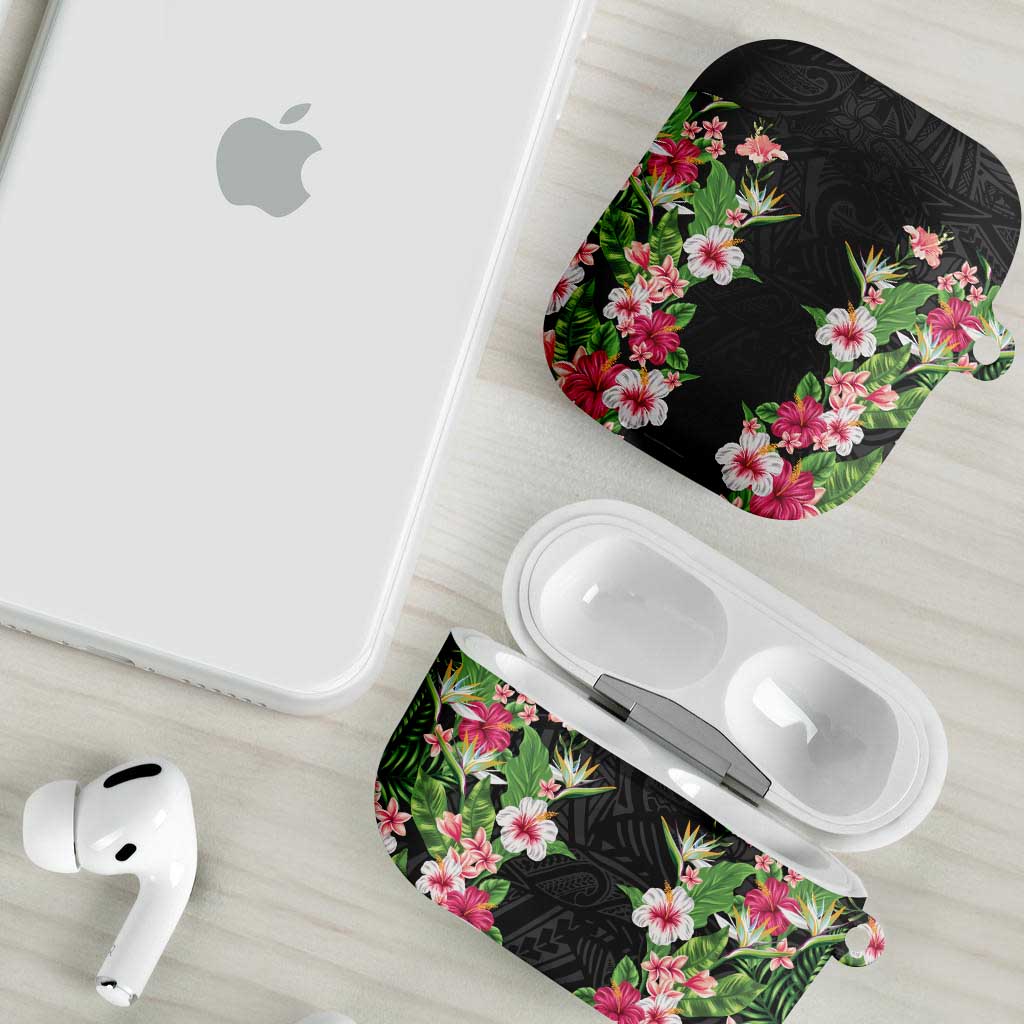 Hawaii Tropical Flowers AirPods Case Black Polynesian Tattoo Art